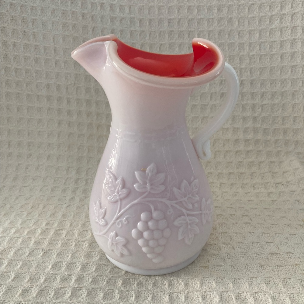 Kanawha White Cased Milk Glass With Orange Interior Pitcher With Grape Pattern